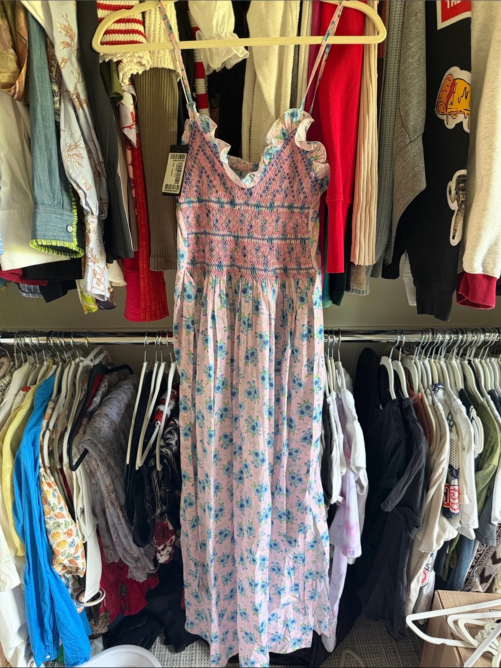 Loretta Caponi NWT Floral Pink Smocked Maxi Dress with Ruffle Straps